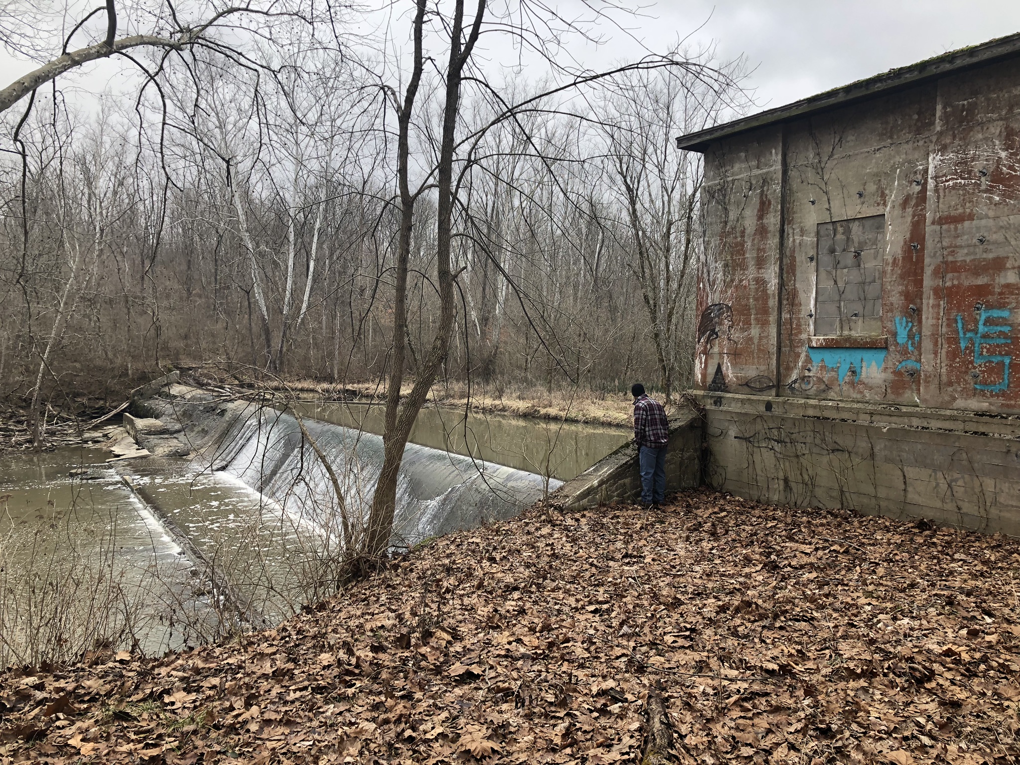 Side view of the pump house and Cloverlick low-head dam looking toward the righ descending bank.
