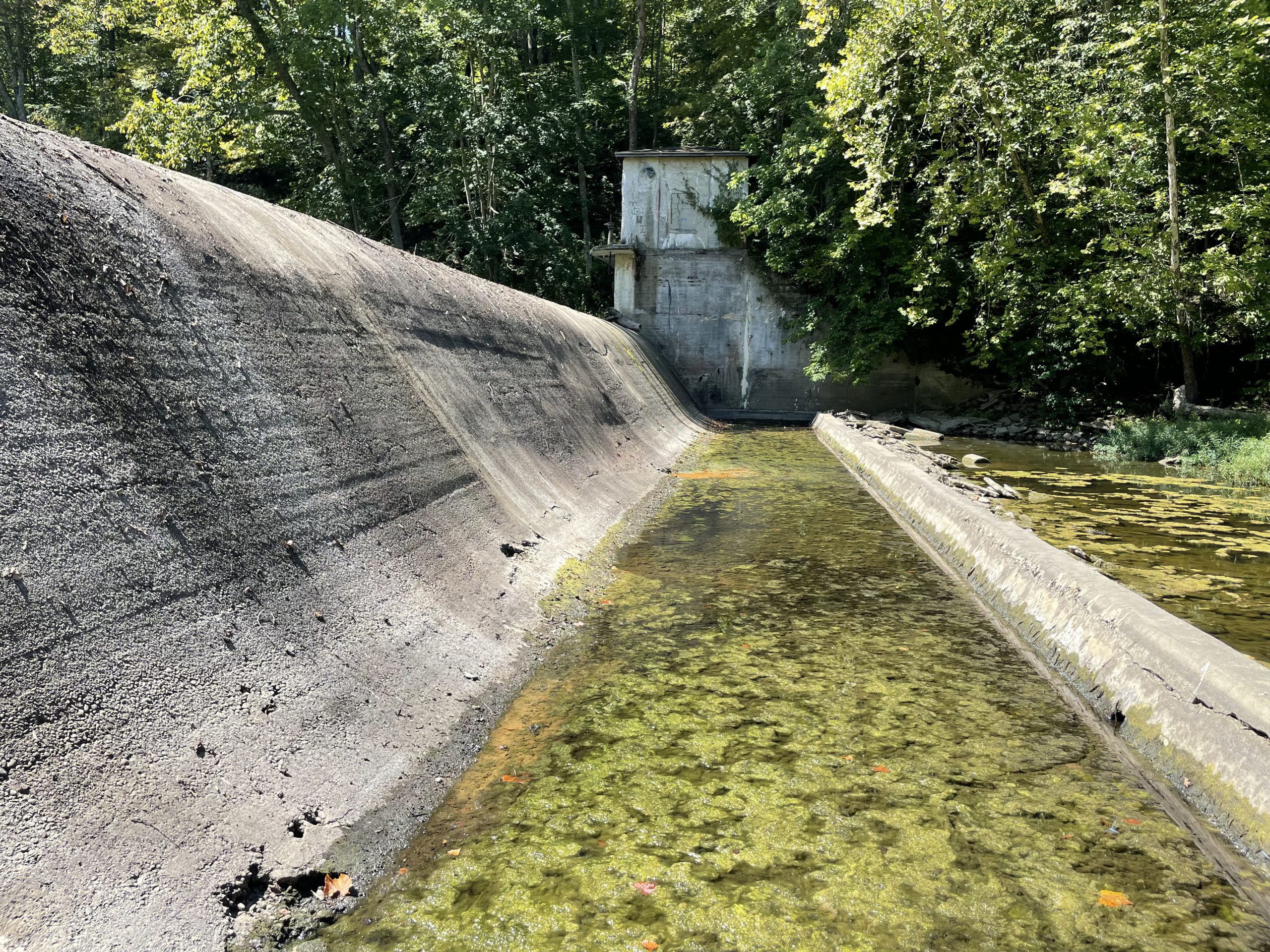 Picture of the Cloverlick Creek dam side view looking toward the left descending bank and pump house.