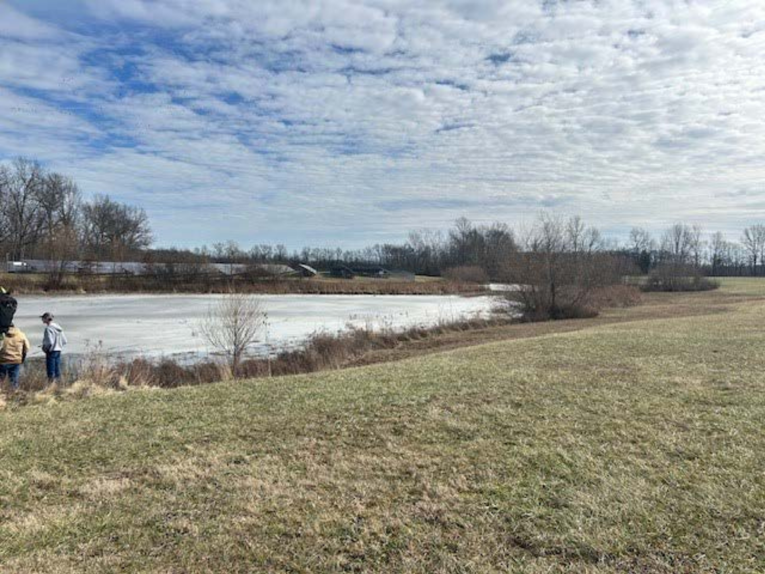 A stream surrounding by grass on either side with a low head dam in the background