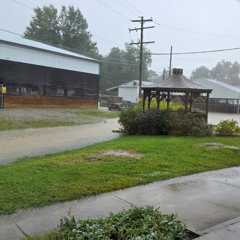 A section of grass near a gazebo that is completely flooded